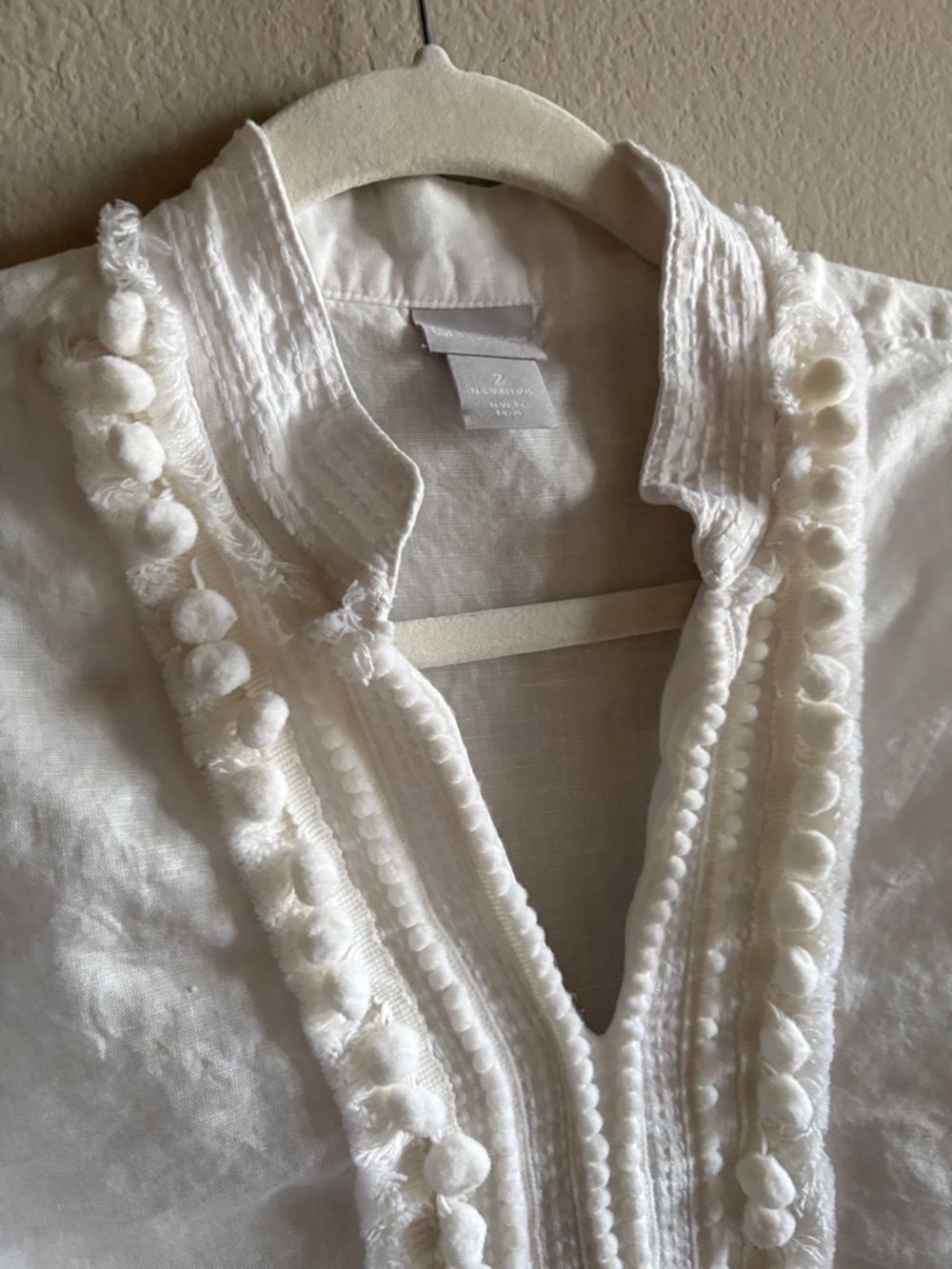 CHICO'S Linen-Blend Kurta Tunic Blouse White Pom-Pom Trim 3/4 Sleeve Size 2 - Picture 9 of 12